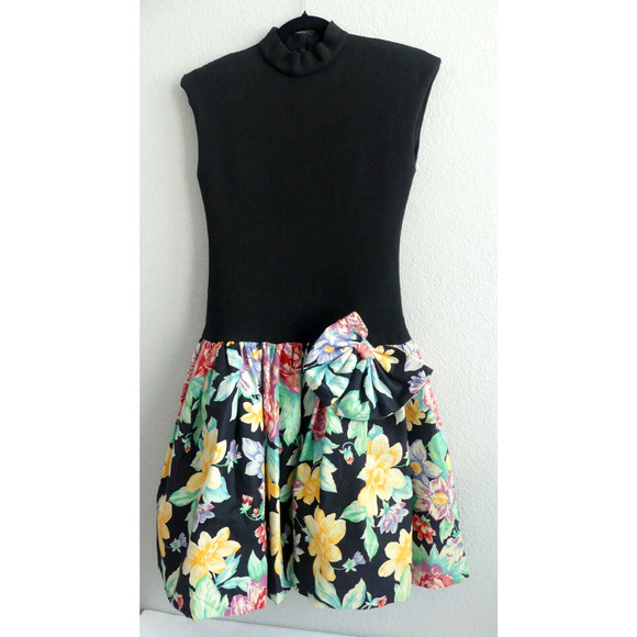 Huey Waltzer Darcy Dress Vtg 80's Drop Waist Floral Skirted Large Bow Sz 9/10 - Picture 1 of 16